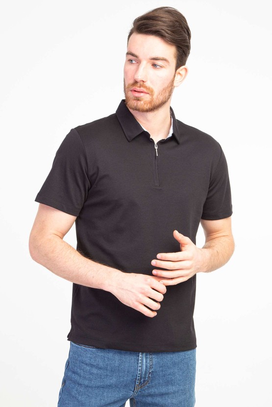 Erkek Giyim - Polo Yaka Regular Fit Fermuarlı Tişört