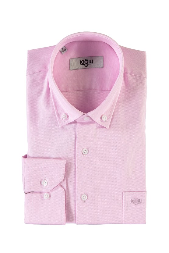 Erkek Giyim - Uzun Kol Regular Fit Desenli Oxford Pamuk Gömlek
