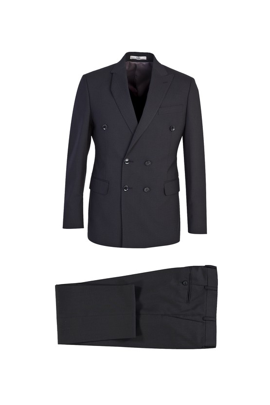 Erkek Giyim - Slim Fit Yünlü Çizgili Kruvaze Takım Elbise