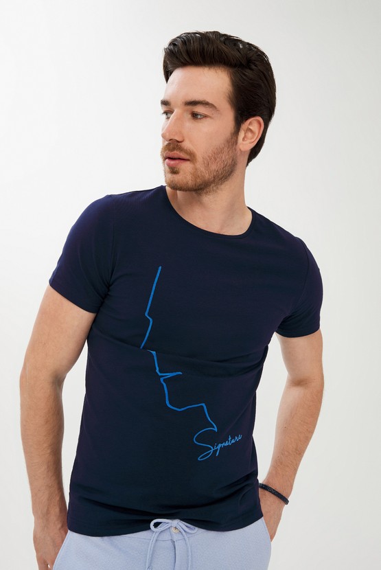 Erkek Giyim - Bisiklet Yaka Super Slim Fit Ekstra Dar Kesim Baskılı Tişört