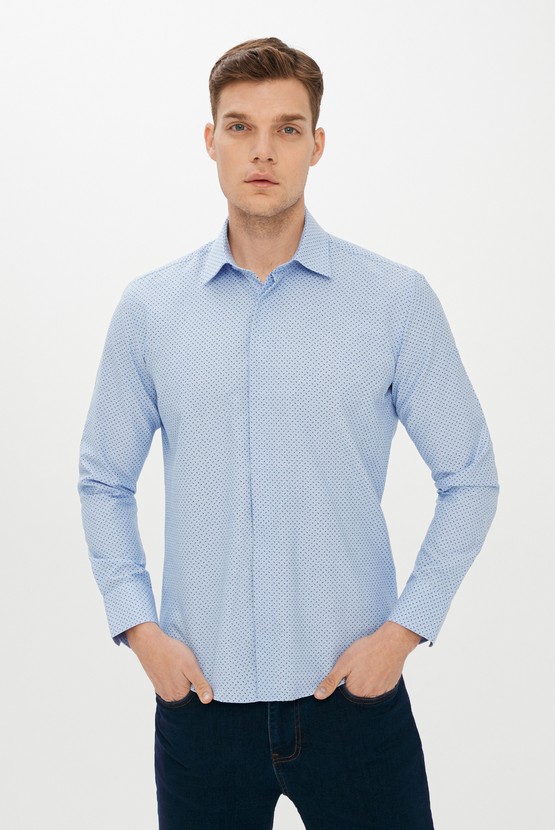 Erkek Giyim - Uzun Kol Slim Fit Dar Kesim Desenli Pamuk Gömlek