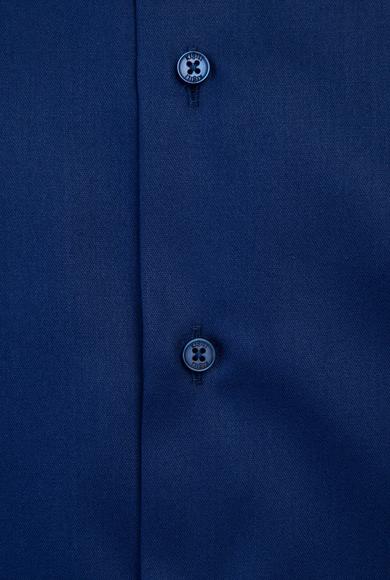 Erkek Giyim - ORTA LACİVERT XS Beden Uzun Kol Slim Fit Dar Kesim Non Iron Saten Klasik Pamuklu Gömlek