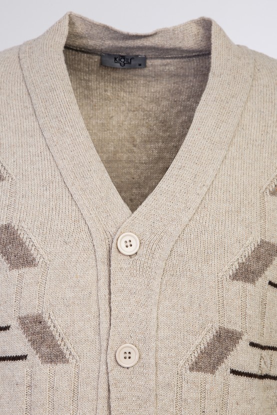 Erkek Giyim - Desenli Düğmeli Yünlü Triko Hırka