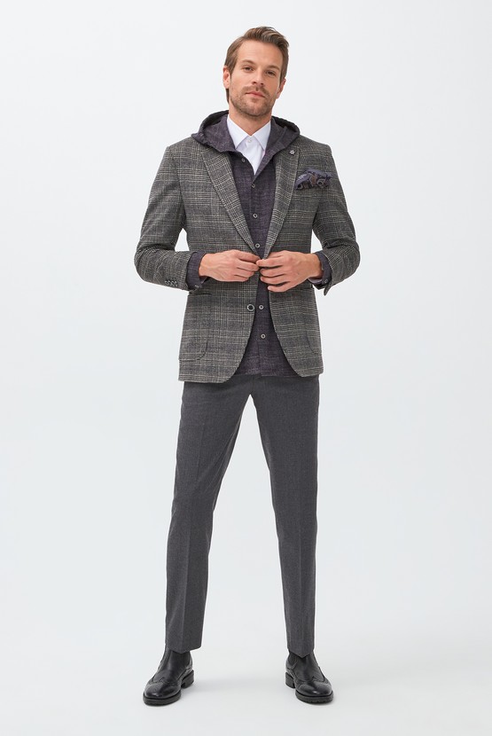 Erkek Giyim - Regular Fit Yünlü Ekose Ceket