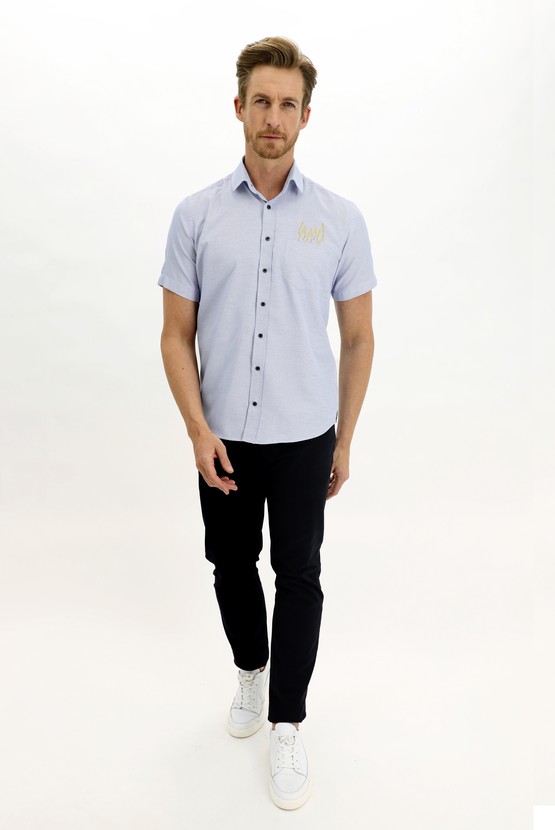 Erkek Giyim - Kısa Kol Regular Fit Nakışlı Gömlek