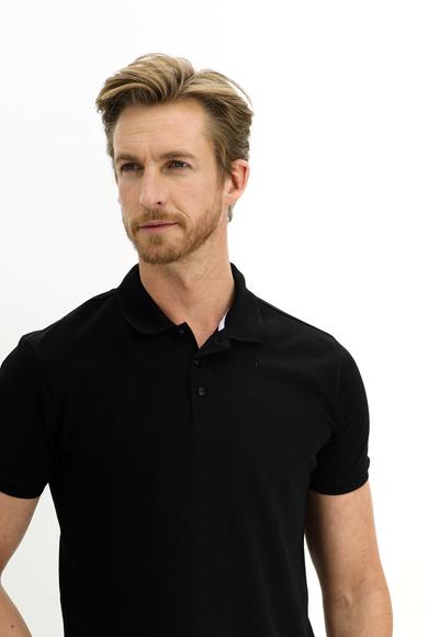 Erkek Giyim - SİYAH L Beden Polo Yaka Slim Fit Dar Kesim Nakışlı Pamuk Tişört