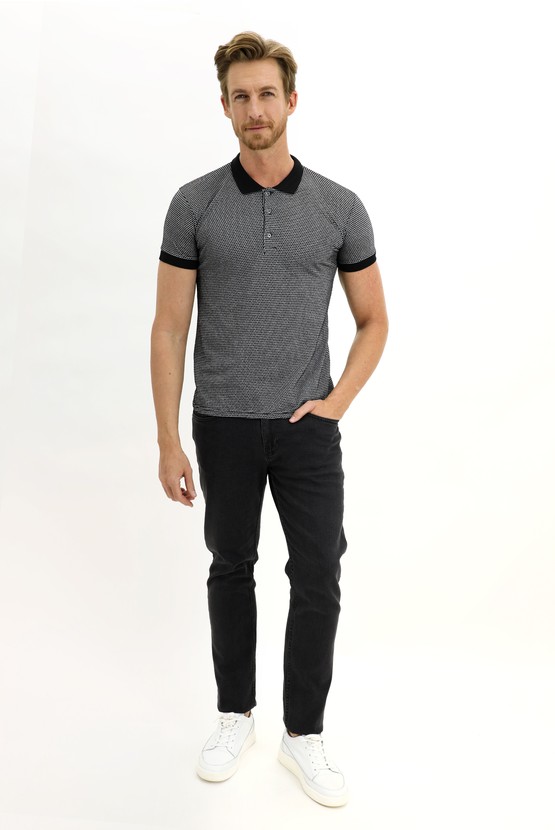 Erkek Giyim - Polo Yaka Slim Fit Dar Kesim Desenli Tişört