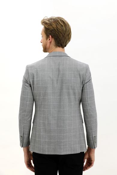 Erkek Giyim - AÇIK GRİ 48 Beden Slim Fit Dar Kesim Kareli Ceket