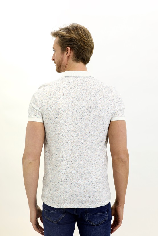 Erkek Giyim - Polo Yaka Slim Fit Dar Kesim Desenli Pamuk Tişört