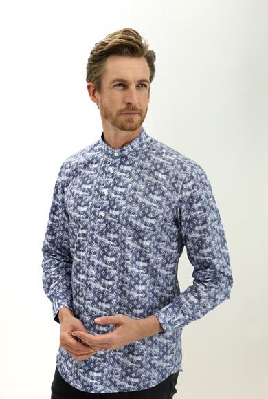 Erkek Giyim - LACİVERT XS Beden Uzun Kol Hakim Yaka Yarım Pat Regular Fit Desenli Pamuk Gömlek