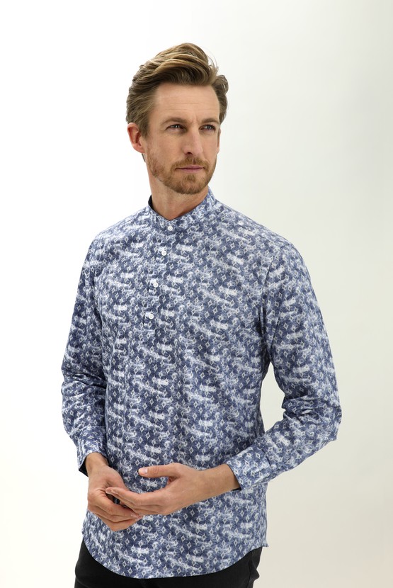 Erkek Giyim - Uzun Kol Hakim Yaka Yarım Pat Regular Fit Desenli Pamuk Gömlek