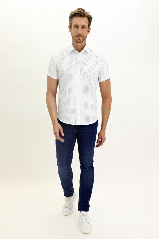 Erkek Giyim - Kısa Kol Desenli Slim Fit Gömlek