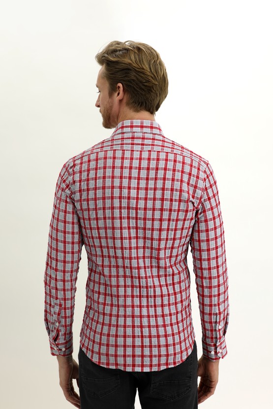 Erkek Giyim - Uzun Kol Slim Fit Dar Kesim Ekose Pamuklu Gömlek