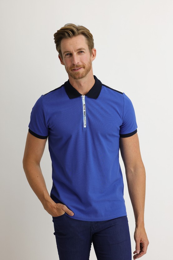 Erkek Giyim - Polo Yaka Slim Fit Desenli Pamuklu Tişört