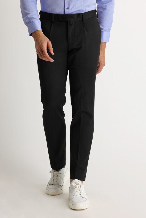 Erkek Giyim - Slim Fit Dar Kesim Pileli Likralı Klasik Kumaş Pantolon