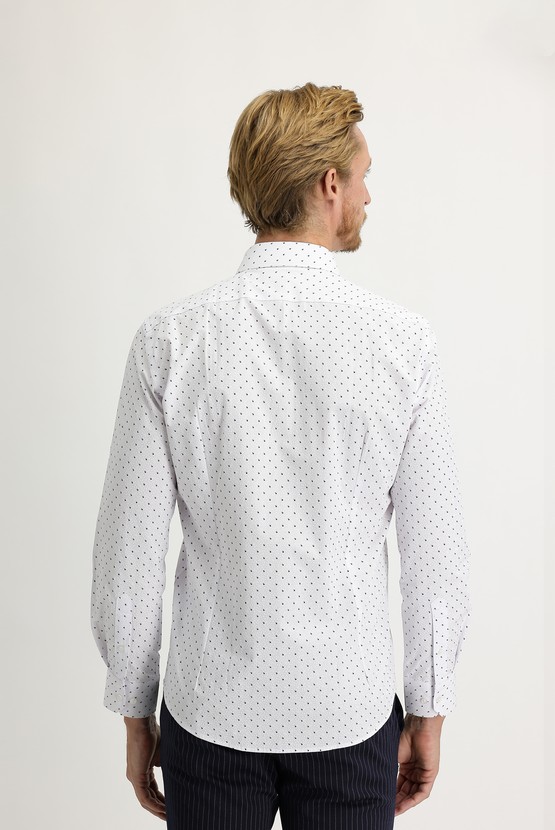 Erkek Giyim - Uzun Kol Slim Fit Dar Kesim Baskılı Pamuk Gömlek