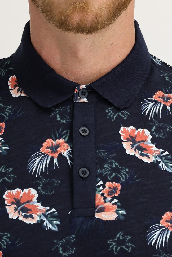 Erkek Giyim - Polo Yaka Super Slim Fit Ekstra Dar Kesim Baskılı Pamuk Tişört