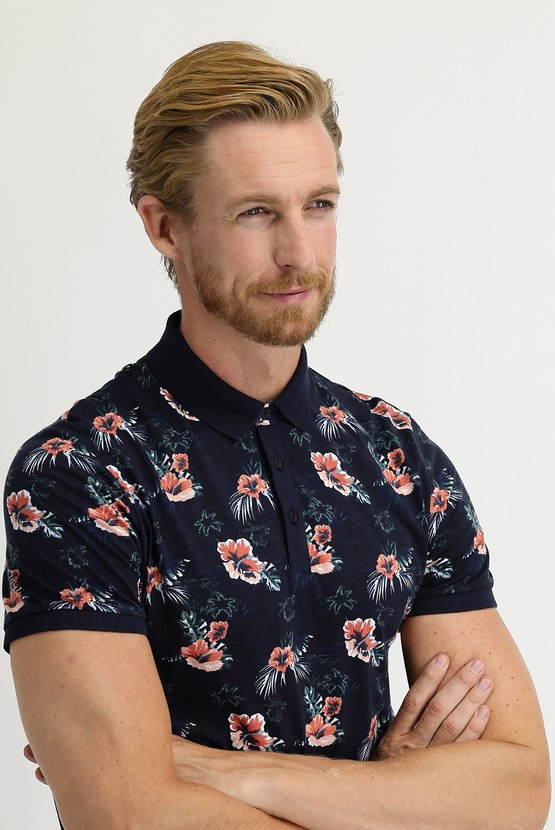 Erkek Giyim - Polo Yaka Super Slim Fit Ekstra Dar Kesim Baskılı Pamuk Tişört