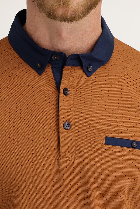 Erkek Giyim - Polo Yaka Slim Fit Dar Kesim Baskılı Pamuk Tişört