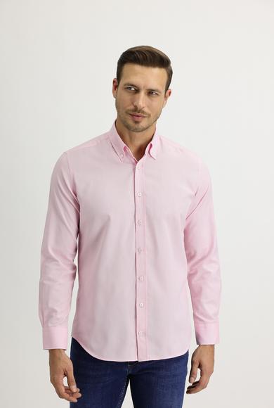 Erkek Giyim - PEMBE M Beden Uzun Kol Slim Fit Dar Kesim Oxford Pamuklu Gömlek