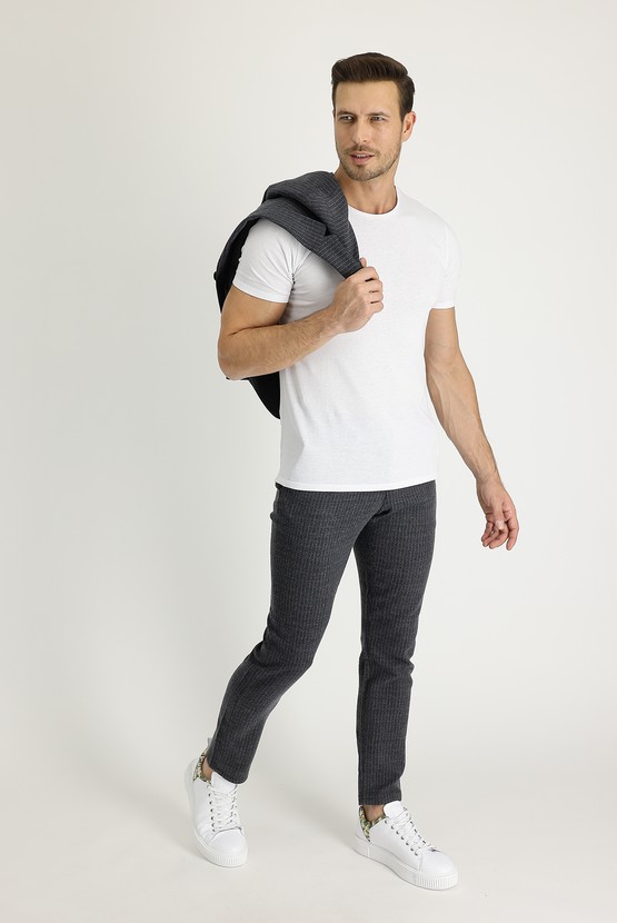 Erkek Giyim - Slim Fit Dar Kesim Yünlü Beli Lastikli İpli Çizgili Kumaş Pantolon