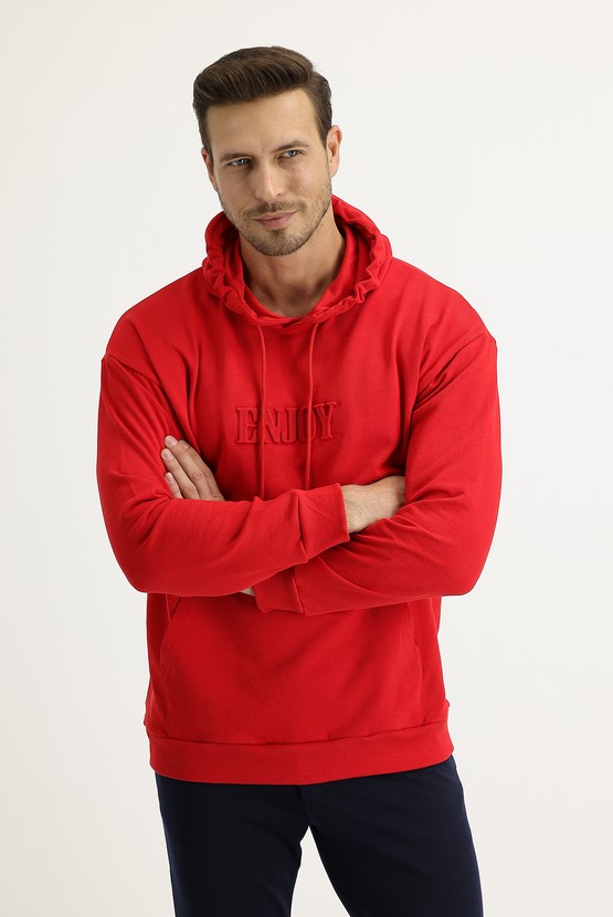 Erkek Giyim - Kapüşonlu Baskılı %100 Pamuk Sweatshirt