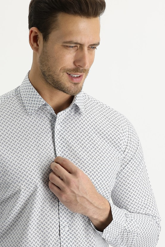 Erkek Giyim - Uzun Kol Slim Fit Baskılı Gömlek