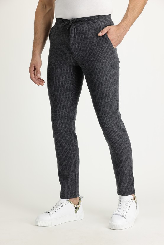 Erkek Giyim - Slim Fit Dar Kesim Yünlü Beli Lastikli İpli Çizgili Pantolon