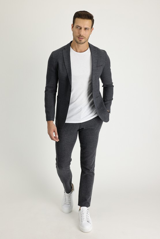 Erkek Giyim - Slim Fit Dar Kesim Yünlü Beli Lastikli İpli Çizgili Kumaş Pantolon