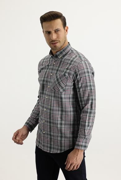 Erkek Giyim - MAVİ XL Beden Uzun Kol Regular Fit Ekose Gömlek