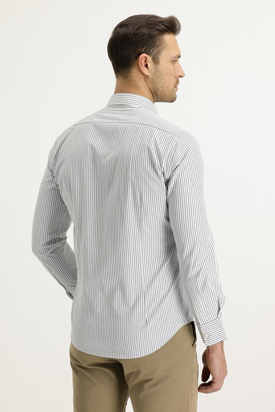 Erkek Giyim - Uzun Kol Slim Fit Dar Kesim Çizgili Gömlek