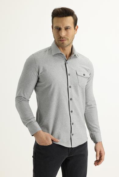Erkek Giyim - AÇIK GRİ XS Beden Uzun Kol Slim Fit Oduncu Spor Pamuklu Gömlek