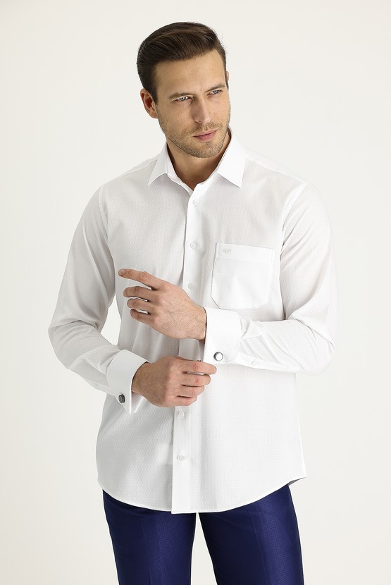 Erkek Giyim - Uzun Kol Klasik Desenli Manşetli Pamuk Gömlek