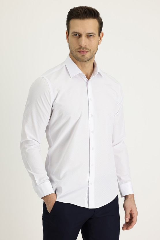 Erkek Giyim - Uzun Kol Slim Fit Dar Kesim Desenli Pamuklu Gömlek