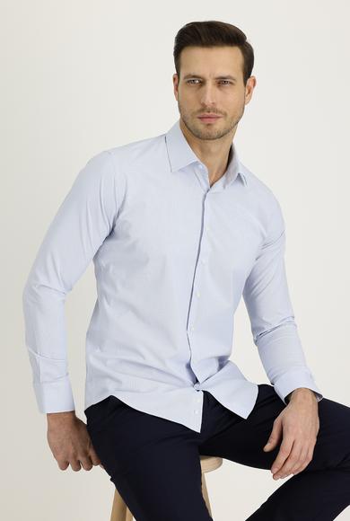 Erkek Giyim - KOYU MAVİ S Beden Uzun Kol Slim Fit Desenli Pamuklu Gömlek