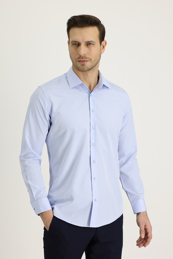 Erkek Giyim - Uzun Kol Slim Fit Desenli Pamuklu Gömlek