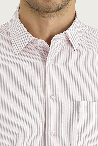Erkek Giyim - AÇIK KIRMIZI L Beden Uzun Kol Klasik Çizgili Pamuklu Gömlek