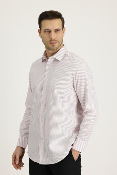Erkek Giyim - AÇIK KIRMIZI L Beden Uzun Kol Klasik Çizgili Pamuklu Gömlek