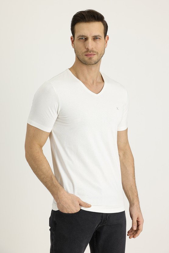 Erkek Giyim - V Yaka Düz Slim Fit Dar Kesim Tişört