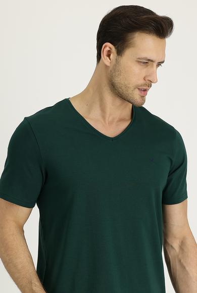 Erkek Giyim - KOYU YEŞİL XXL Beden V Yaka Slim Fit Nakışlı Tişört Pamuklu
