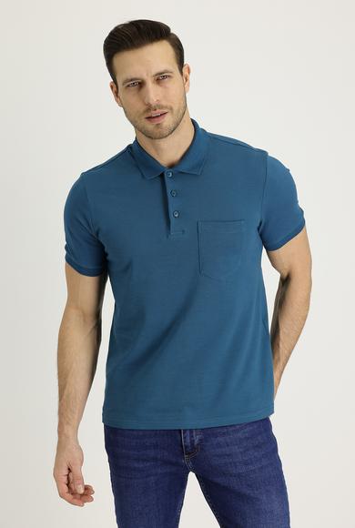 Erkek Giyim - ORTA PETROL XXL Beden Polo Yaka Regular Fit Nakışlı Pamuk Tişört