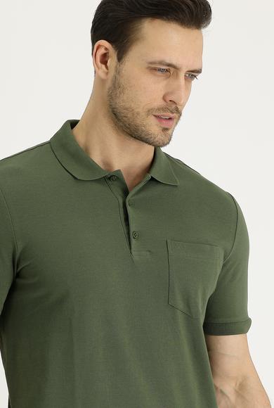 Erkek Giyim - ORTA HAKİ XL Beden Polo Yaka Regular Fit Nakışlı Pamuk Tişört