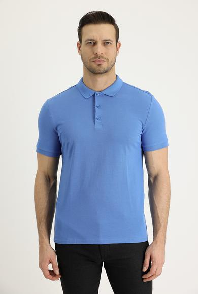 Erkek Giyim - HAVACI MAVİ 3X Beden Polo Yaka Slim Fit Nakışlı Pamuk Tişört