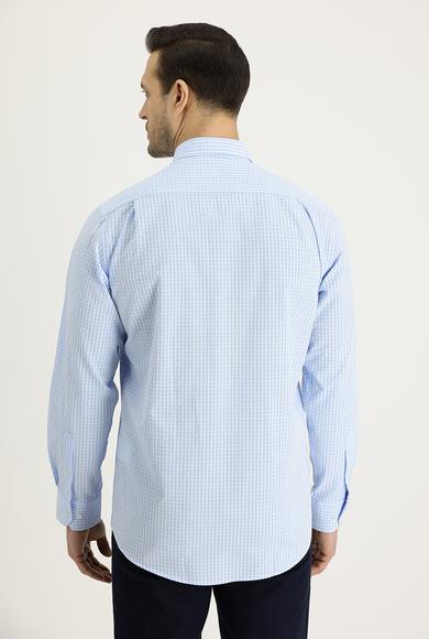 Erkek Giyim - AÇIK MAVİ L Beden Uzun Kol Regular Fit Ekose Pamuk Gömlek