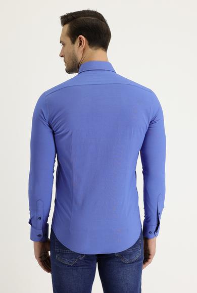 Erkek Giyim - KOYU LACİVERT S Beden Uzun Kol Desenli Pamuklu Gömlek