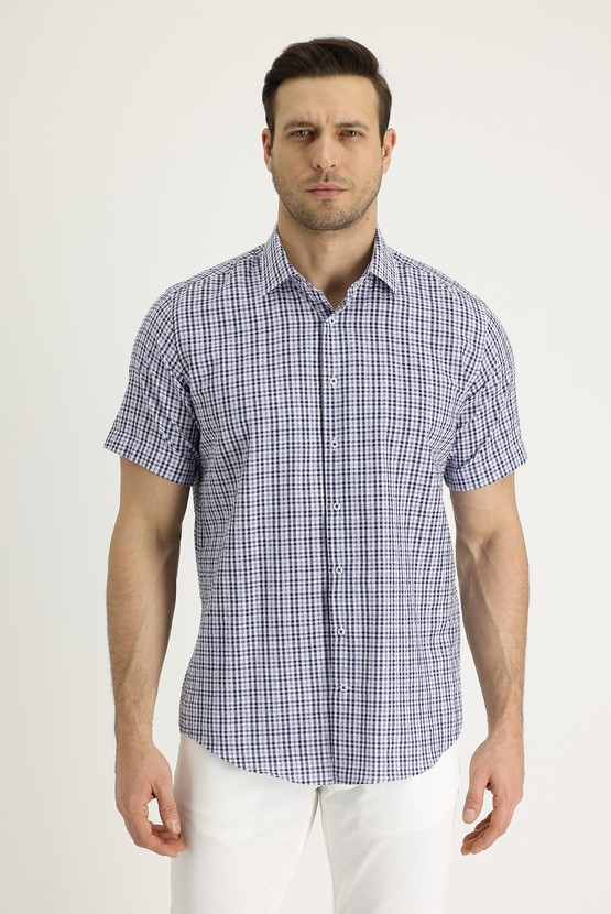 Erkek Giyim - Kısa Kol Ekose Pamuklu Gömlek