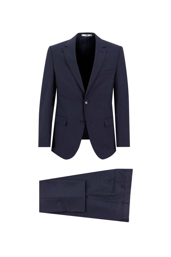 Erkek Giyim - Slim Fit Yünlü Klasik Çizgili Takım Elbise