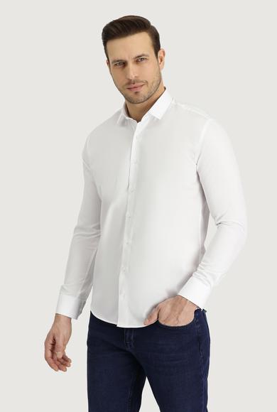 Erkek Giyim - BEYAZ S Beden Uzun Kol Slim Fit Dar Kesim Non Iron Saten Klasik Pamuklu Gömlek