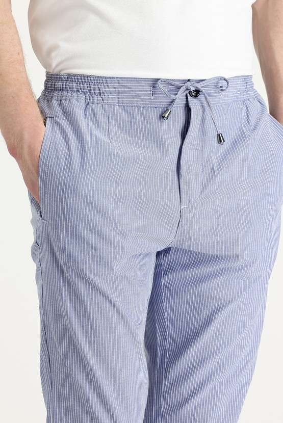 Erkek Giyim - Slim Fit Dar Kesim Beli Lastikli İpli Çizgili Likralı Pantolon