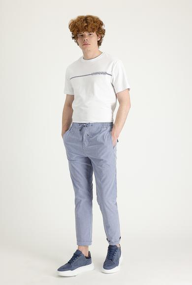 Erkek Giyim - Mavi 50 Beden Slim Fit Beli Lastikli İpli Çizgili Likralı Pantolon